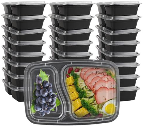 25 Pièces Meal Prep 1000ml 32oz Meal Prep Containers Plastique Boite Plastique Alimentaire 2 Compartiment avec Couvercles Hermétiques Réutilisables sans BPA pour Lave-vaisselle Congélateur Micro-ondes