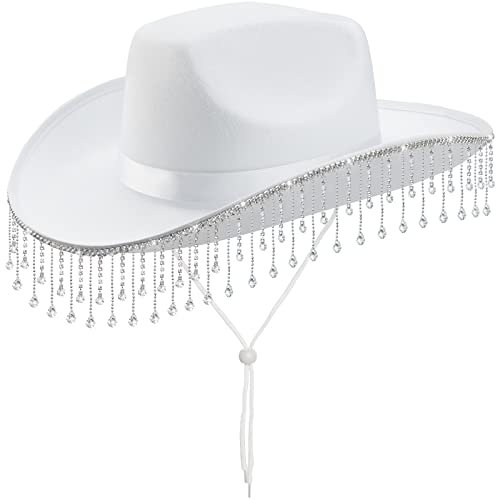 Silom Cowboyhut, Halloween-Kostüm, Cowgirl-Hut für Damen und Herren, Erwachsene, Westernkuh, Mädchenhut mit Diamanten, für Geburtstag, Halloween, Kuh, Mädchen, Kostüm für Junggesellinnenabschied, Weiß