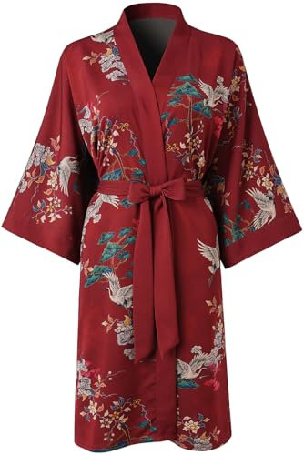 Ledamon Kimono corto da donna - Accappatoio da notte con tasca floreale, Rosso vinaccia, Etichettalia unica