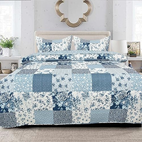 King Size Cotton Bedding Reversible Patchwork Quilt Blanket Bed Sheet Printed Bedding Set - 100% Cotton 3Piece Comforter Set + 2 Pillow Sham (ICE BLUE FLORAL(Des 6))