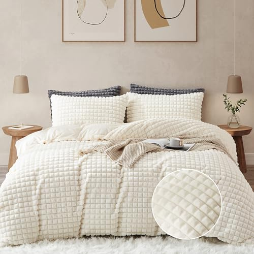 Nyescasa Plüsch Bettwäsche 200x200 Beige Warme Winter Flauschig Flanell Biber Wendebettwäsche Langhaar Deckenbezug Teddy Fleece Cashmere Touch Bettbezug mit Reißverschluss und 2 Kissenbezug 80x80cm