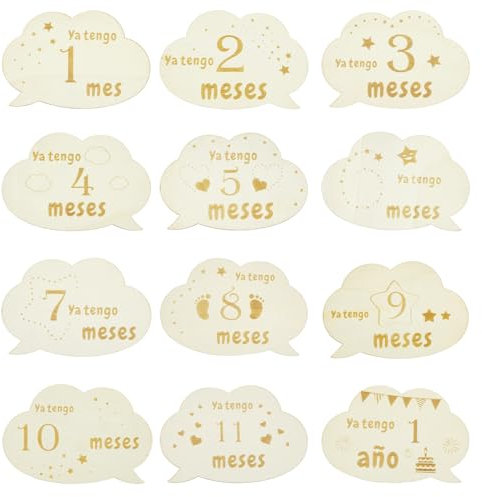 12 Piezas Tarjetas de Hitos Mensuales de Bebés, Forma de nube Tarjetas Madera Cumple Mes, Hitos De Madera Cumple Mes Bebe Nacido Regalo, Accesorios Para Fotos, Regalo Para Futuras Madres Padres