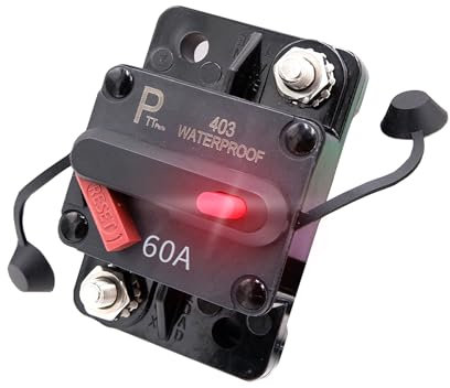 parts PTT Disyuntor Reiniciable 60A 12V-48VDC – Impermeable con Termoprotección, Montaje en Superficie con Indicación LED, para Coche, Barco, Camper y Audio