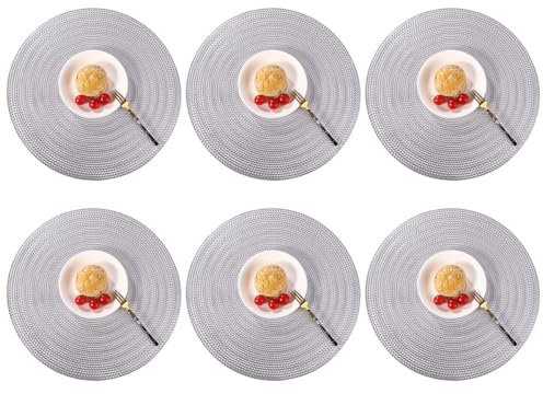 Round Placemats Set of 6 Silver - Washable Polyester Circle Place Mats Non Slip Heat Resistant Tablemat for Table Kitchen Deco Silver371