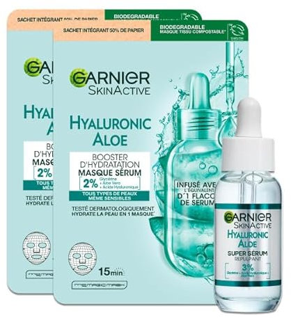 Garnier - Skin Active - Routine Hydratante & Repulpante - Masque Tissu Booster D'Hydratation + Super Sérum Repulpant - Acide Hyaluronique & Aloe Vera - Vegan & Cruelty Free - Peaux Sèches & Sensibles