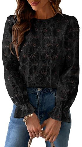 CUPSHE Damen Blusen Rundhals Blumenspitze Langarmshirt Oberteile Elegant Tunika Top Shirts Schwarz XL