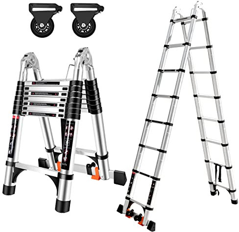 EGTink 5,0M (2.5+2.5) Teleskopleiter Klappleiter Aluminium, Tragbar Mehrzweckleiter Ausziehleiter, Teleskop Alu Ausziehleiter Bis 150 kg Belastbarkeit