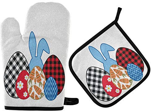 Ufuson Set di guanti da forno e presine a forma di coniglietto pasquale, con motivo misto, resistenti al calore, guanti da cucina e da cucina