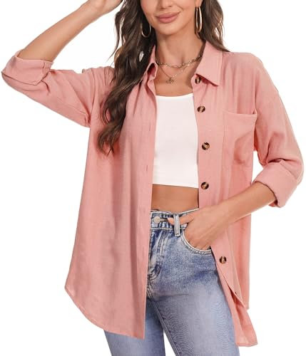 Irevial camisa lino mujer Blusa de Informal Elegante Tops con Botones Camiseta de Gran tamaño con cuello de pico de manga larga Camisa Mujer con Bolsillo Rosa，XXL