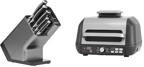 Bloc-couteaux Ninja Foodi StaySharp avec Affûteur, 6 Pièces Aiguisés, en Acier Inoxydable, K32006EU + Ninja Foodi MAX PRO Grill, Plancha et Friteuse à air avec sonde de cuisson numérique, AG651EU