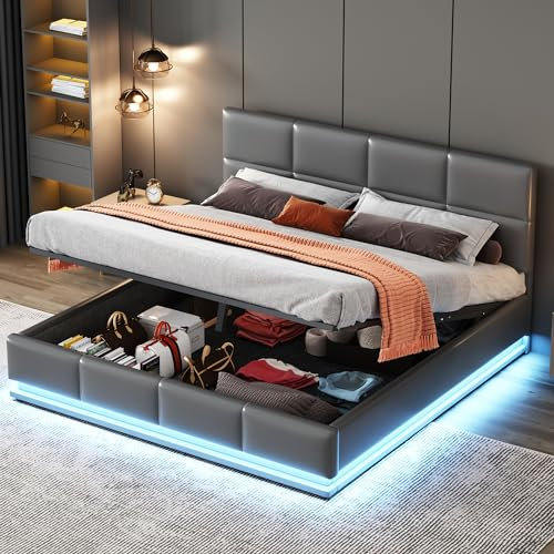 Luxus Polsterbett 160x200cm mit LED & Stauraum - Hydraulischer Bettkasten, Verstellbares Kopfteil, 16 Farben LED, Grau Kunstleder, Bis 300kg belastbar