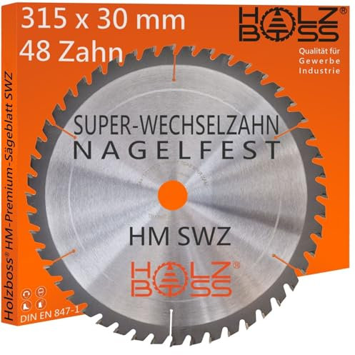 Holzboss ® HM-Sägeblatt 48 x Zahn nagelfest SWZ 315 x 30 mmØ Super-Wechselzahn HW Kreissägeblatt für 315x30 mm Wippsäge Tischkreissäge Brennholz mit Betonbeschlag Feinschnitt Holz Acrylglas