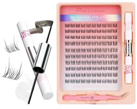 Mlen Diary Wimpern Extensions, 132pcs 9-12mm Falsche Wimpern mit Lash Bond und Seal Remover, Pinzette, Individuelle D Curl Manga Cluster Wimpern, Natürliches Aussehen DIY Wimpernverlängerung Kit