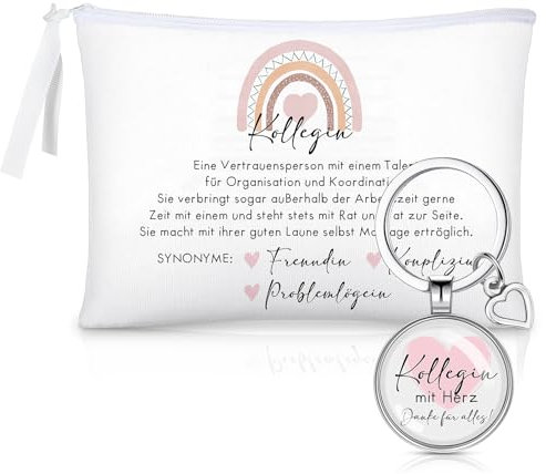Tenare Geschenkset für Kollegin inklusive 1 Kosmetiktasche und 1 Schlüsselanhänger mit Spruch Kollegin mit Herz Abschied Geschenk für Jobwechsel Geschenkideen