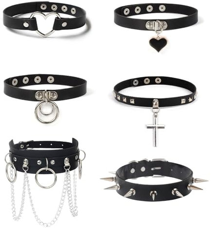 ZENGSING 6 Stück Gothic Choker Halsband für Damen, PU Leder Halskette Set, Punk Rock Kragen Einstellbar mit Kreis Herz - Frauen Zubehör