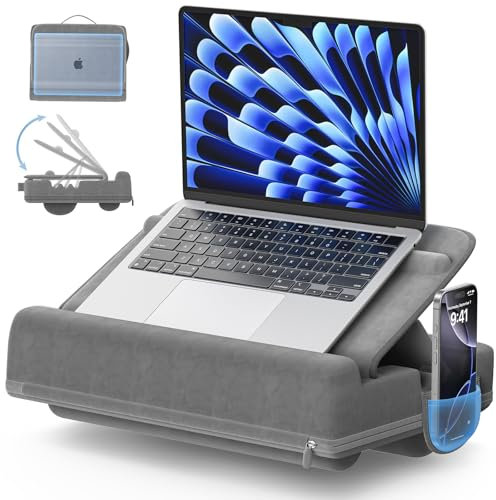 Coussin Ordinateur Portable avec 3 Angles Réglables, Laptop Pillow avec Support pour Lit avec Coussin, Support d'ordinateur Portable et Sacoche de Transport pour Ordinateur Portable
