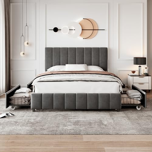 4ft6 Double Bed Frame with 4 Storage Drawers, Upholstered Platform Bed with Adjustable Channel Tufted Headboard/Velvet Fabric/Sturdy Metal-Wooden Support/No Box Spring Needed, Grey, No Mattress