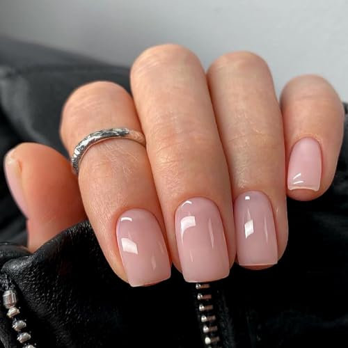 French Fake Nails - 24PCS Nude Pink Square Press On Nails Short - Coffin French Tip False Nails With Glue - Removable Glossy Acrylic Full Cover Stick On nails For Women Girls Nail Art