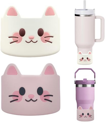 2 Pack Silicone Boot for Stanley Cup, Cute Cat Decorations Cup Tumbler Bottom Sleeve Compatible with Stanley Quencher 40oz & Stanley IceFlow 30oz 20oz, Protector Rubber Accessories (White & Pink)