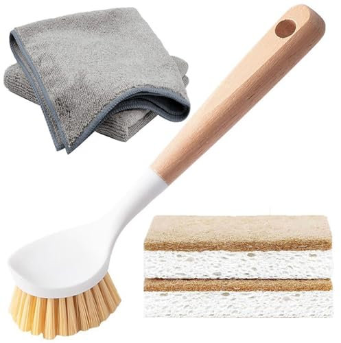 Xemnys Juego de cepillos de lavado, cepillo para platos con mango de madera natural, esponja ecológica compostable para platos de cocina, paño de limpieza de microfibra, cepillo para fregar platos,