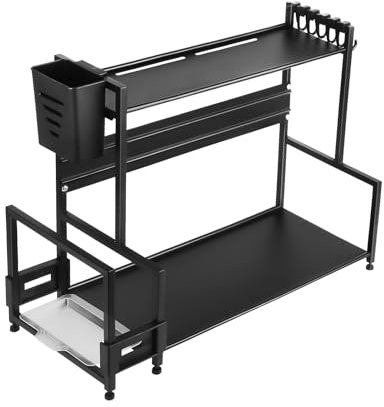 HUOLE Organisateur en métal pour Plan de Travail - Étagère à épices Debout- Grande capacité - avec Support de Planche à découper - Porte-ustensiles - avec 6 Crochets -48 * 21 * 36cm-Double Couche