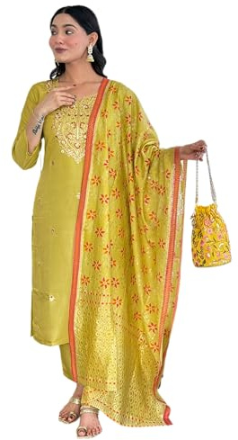 The Red Lion Enterprise Women's Designer Straight Kurti pant dupatta 3pc dress partywear Salwar Suit, Yellow 1, Medium