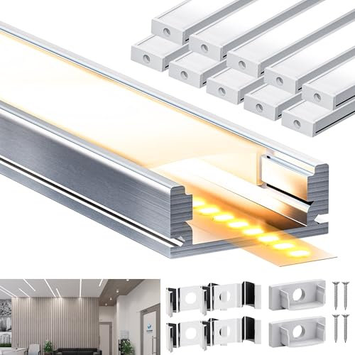Brillivanture LED Schiene 10x2 m U-Form aus LED Aluminium Profil, für 12 mm Strip, mit 10x milchigem LEDDiffusor, geeignet für indirektes Licht, vielseitig als Kanalleiste