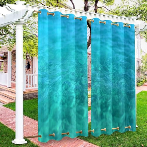 Hiseng Outdoor Vorhang Wetterfest mit Ösen Oben und Unten, 2 Stück Outdoorvorhänge Blickdicht Verdunkelungsvorhang Sichtschutz Sonnenschutz Vorhang für Veranda -Meer (Türkis,137x203cm)