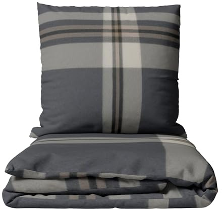 Leonado Vicenti Feinbiber Bettwäsche Kariert in Grau & Beige 155x220 cm + 80x80 cm Kissenbezug mit verdecktem Reißverschluss