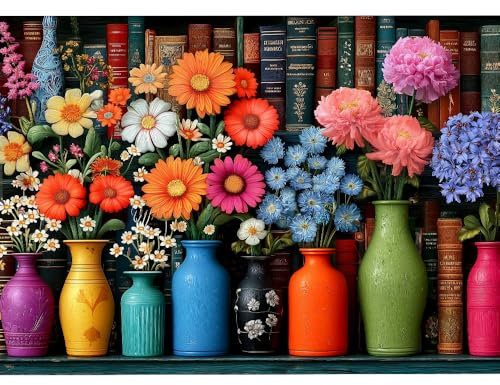 1000 Piece Jigsaw Puzzle for Adults & Families - Vibrant Floral & Vintage Bookshelf Theme, Challenging Game Nights Relaxation with Fit-Together Perfectly Recycled Pieces