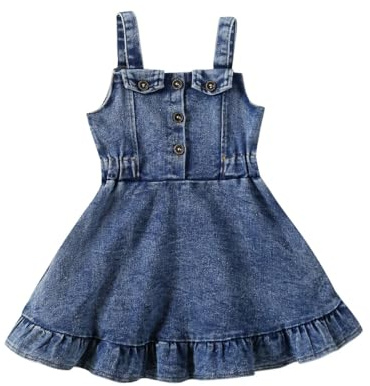 HEOXIN Neugeborenes Baby Mädchen Knopf Denim Kleid, Säugling ärmellose Hosenträger Prinzessin Kleid mit A-Linie Saum für Shooting Geburtstagsfeier 4-5 Jahre, Blau