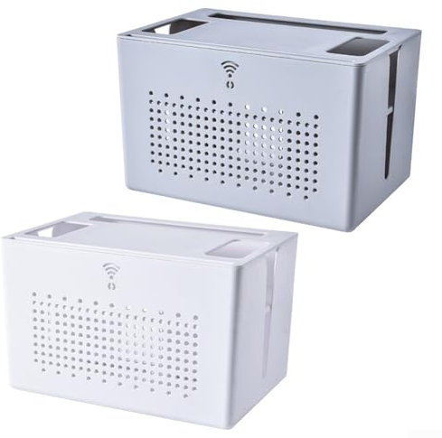 Sleek Organizer Box for Tech Gadgets Perfectly Stores Routers, Set Top Boxes, and Network Cables on Your Desk (White)