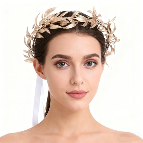 Gohytal Goldene Griechische Lorbeerkrone, Kopfschmuck Haarreifen Lorbeerkranz Goldener Haarschmuck Damen Frauen Kostüm Zubehör für Hochzeit Geburtstag Cosplay Fasching Maskerade Köln-Karneva Party