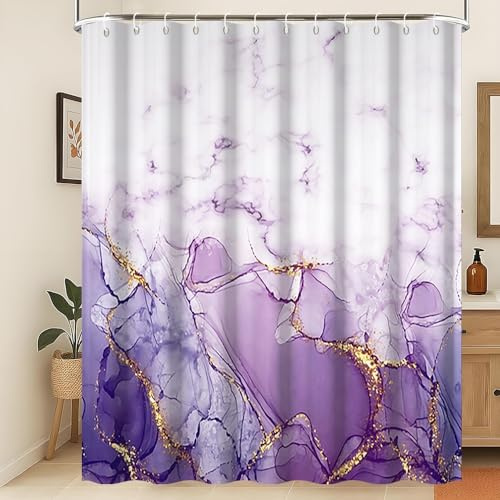 Xiaoterna 120x180cm Rideau de Douche en marbre Blanc et Violet Points d'or Rideau de Salle de Bain en Polyester imperméable Luxe Esthétique Artistique Moderne Tissu résistant à la moisissure