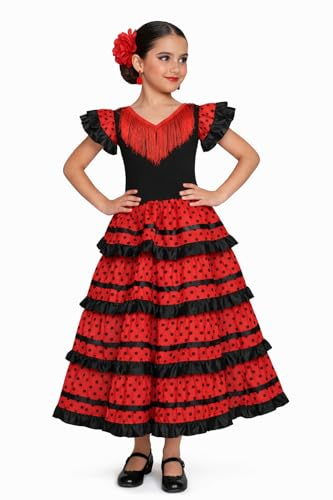 AMARU SANCHESU Robe pour enfant flamant rose ou sévillane, Rouge/noir, 8 ans