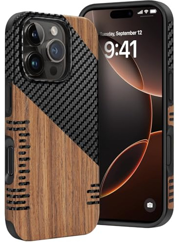 Dolstrap Rugged Case Compatible with iPhone 16 Pro Max Case, (Natural Wood & Carbon Fiber Hybrid) Slim Phone Cover, Black+Brown