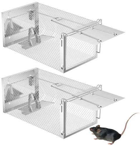 Ravytha 2 Pieza Trampa Ratones, Trampas Ratas con Orificio, Trampas Vivas Reutilizables, Jaula de Trampa de Metal, Sin Mecanismo de Liberación Táctil para Cocina Jardín Hogar Ático(26.5x15cm)