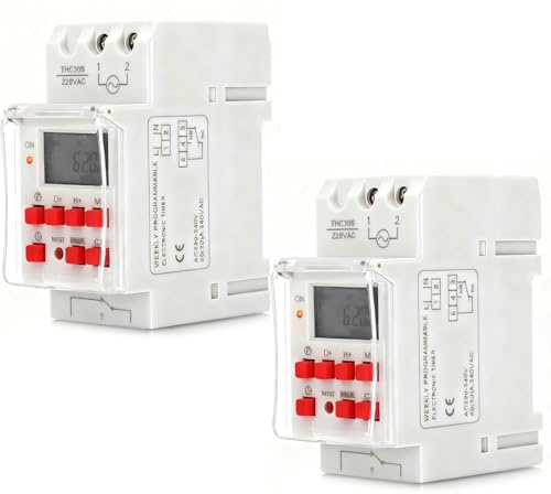 Horloge Modulaire, 2 Pièces Interrupteur Temporisé Programmateur pour Chauffe Eau électrique, 30A Affichage LCD Horloge Chauffe Eau, AC 220‑240V, Montage Rail Din 35mm, Minuterie 1 Seconde