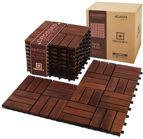 DECKIFY 9Pcs Acacia Wood Interlocking Patio Deck Tiles, 12 x 12 x 0.9 Inch Outdoor Flooring, Waterproof for All-Weather Use – Crossed, Dark Brown