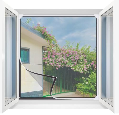UtauHom Moustiquaire Fenetre Magnétique Recoupable jusqu’à 100x100 cm – Aimants Puissants, Sans Vis,Bande Magnétique Autocollante,Fibre de Verre, Cadre Blanc, Mesh Grise