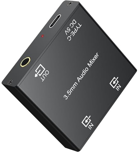LiNKFOR 3.5mm Audio Mixer 2 in 1 Out - Stereo Line Mixer for PC Phone to Headphones Speakers with Gold-Plated USB-C Powered