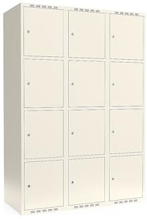 kaiserkraft | 4er-Schließfachschrank Fydor | 3 Abteile | Weiß | B 1200 mm | Flache Dachform | Zylinderschloss