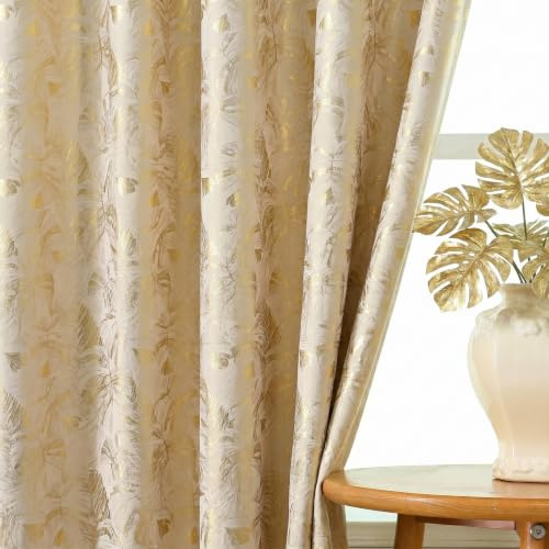 Gazal Vole Cremebeige Samtvorhang 2er Set mit Ösen, H 245 x B 140 cm, weich samtige Polyester Gardinen 70-85% verdunkelnd, goldfarbenes Blattmuster für Wohnzimmer Esszimmer Büro Deko