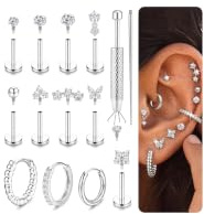 Chriscoco 16G/18G Surgical Steel Labret Piercing Jewellery Internally Threaded Flat Back Earrings Nose Studs Helix Tragus Earrings Huggie Hoop Earring Lip Medusa Tragus Helix Piercing Jewellery