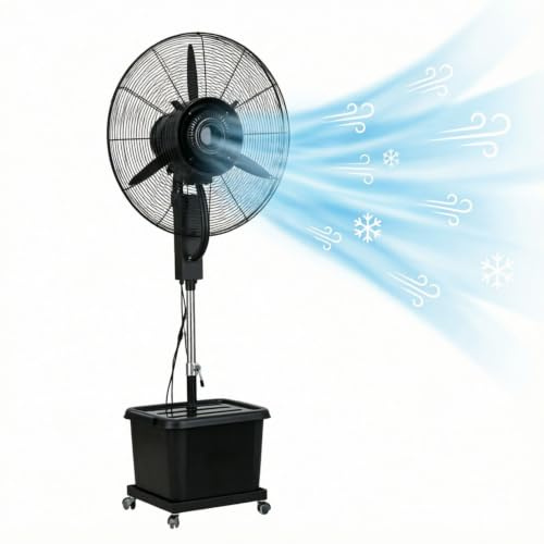 Ventilatore Nebulizzatore Professionale 42L, Regolazione Altezza 160-200 Cm, Oscillazione 90°, 3 Velocità, Flusso 10 M, Ruote 360°, Ventilatore a Piantana per Terrazza, Giardino, Esterno(Ø71cm)