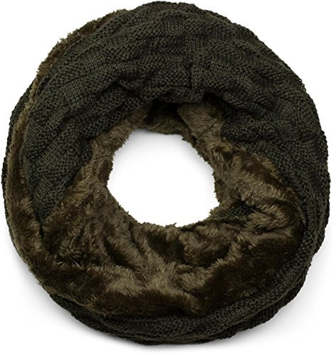 styleBREAKER warmer Feinstrick Loop Schal mit Flecht Muster und sehr weichem Fleece Innenfutter, Schlauchschal, Unisex 01018150, Farbe:Tannengrün dunkel