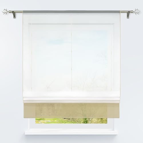 HongYa Bändchenrollo transparenter Voile Raffrollo Tunnelzug Raffgardine Vorhang H/B 155/120 cm Sand