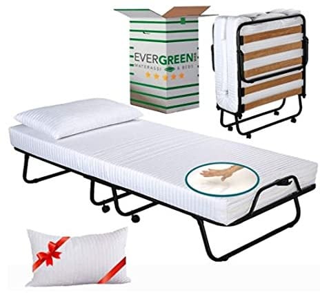 EVERGREENWEB Gästebett Klappbar mit Memoryschaum Matratze 80x190 Höhe 12 cm + Weiße Visco Kissen GRATIS Lattenrost aus Holz Stabiler Metall-Rahmen mit Rollen Platzsparend Klappbett 100% ITALIENISCH