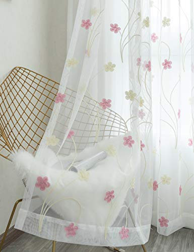 Lactraum Vorhang Wohnzimmer Transparent Weiß mit Ösen Stickerei Blumen Blumenrebe Rosa Viole 100 x 245 cm