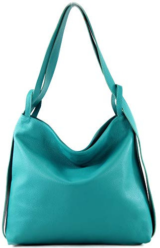modamoda de T192 Damen Leder Rucksack Schultertasche 2in1 handmade in Italy, Farbe:Türkisblau